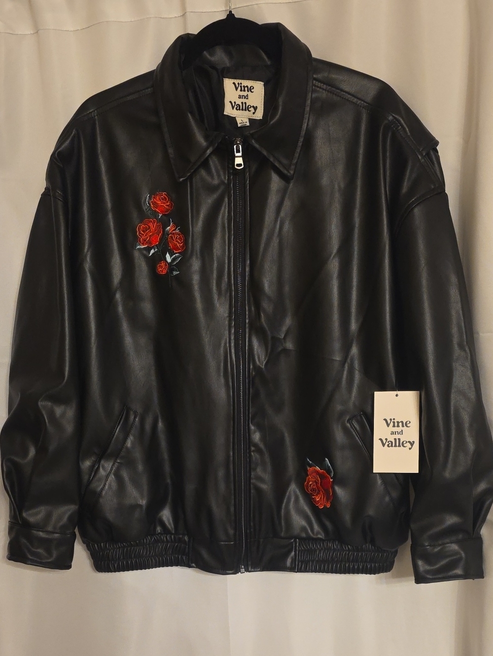 Vine and Valley Black Faux Leather Jacket with Red Rose Embroidery Size L